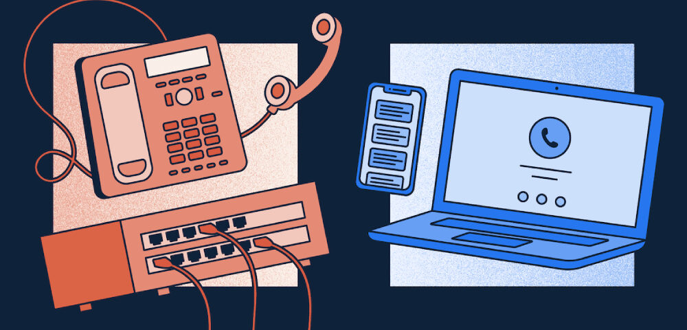 Graphical representation of a laptop, smartphone and a telephone connected with a wiring board.