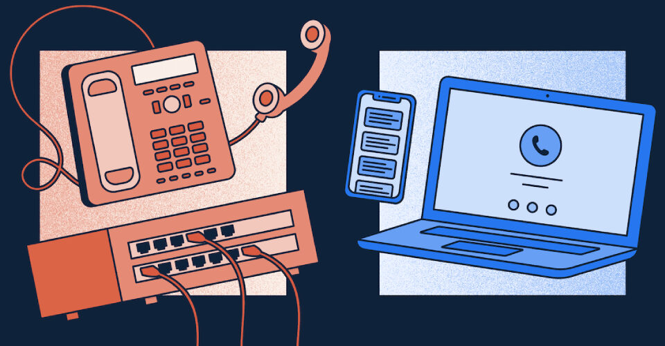 Graphical representation of a laptop, smartphone and a telephone connected with a wiring board.